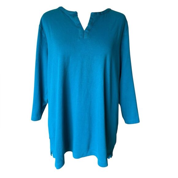 LL Bean Tee Shirt Three Quarter Sleeve Splitneck Teal Womens Size 2X Plus - Picture 4 of 10
